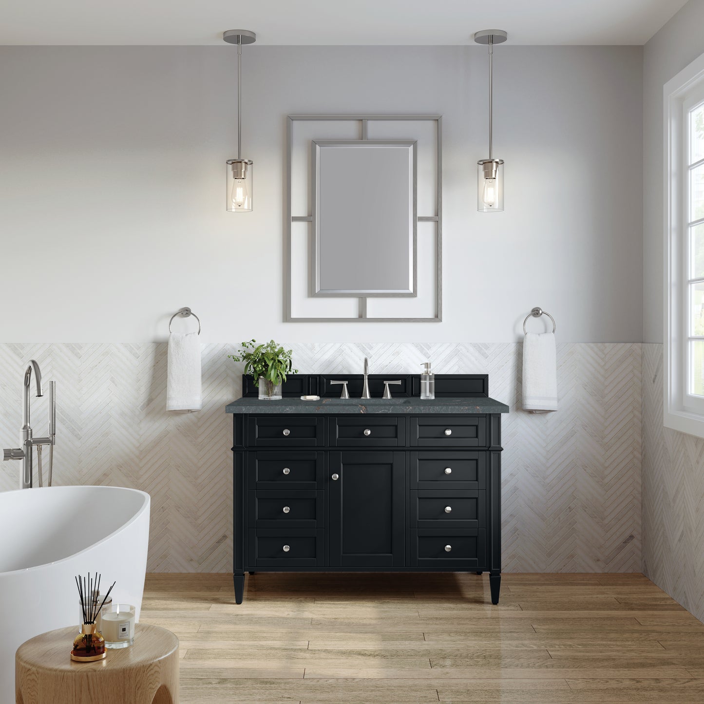 Renovate for Less Atlanta Brittany 48" Single Vanity, Black Onyx w/ 3 CM Parisien Bleu Silestone Top w/FreePower Wireless Charger