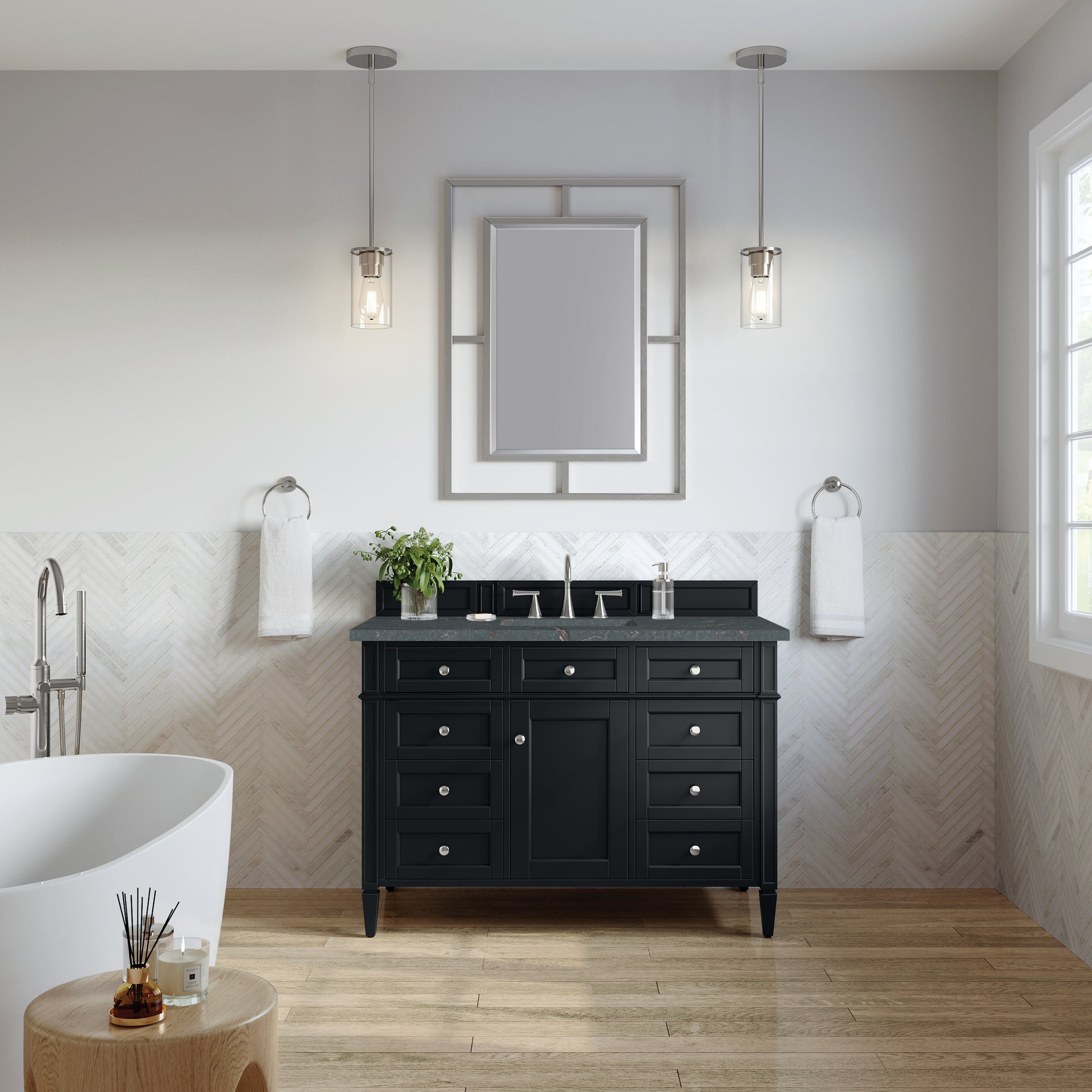 Renovate for Less Atlanta Brittany 48" Single Vanity, Black Onyx w/ 3 CM Parisien Bleu Silestone Top w/FreePower Wireless Charger