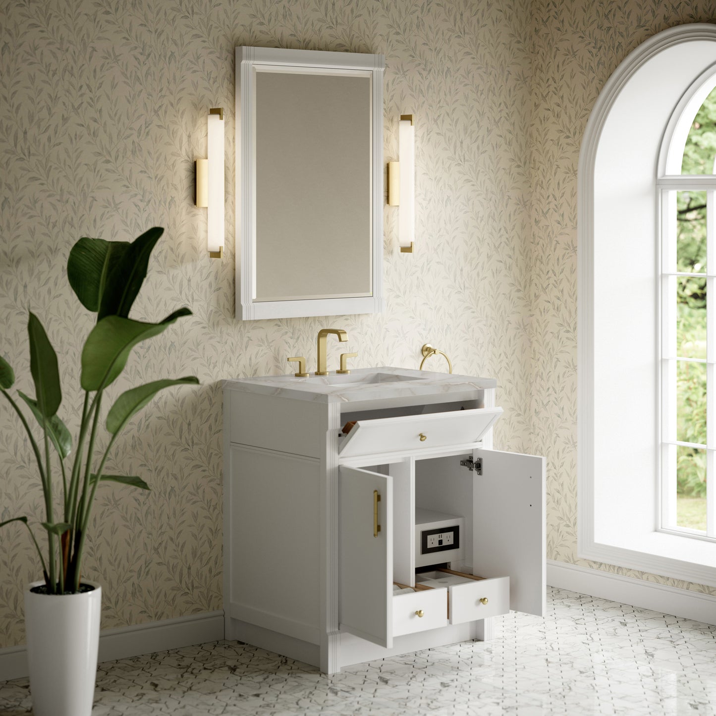 Renovate for Less Atlanta Bellshire 30" Single Vanity, Bright White w/ 3 CM Victorian Silver Silestone Top