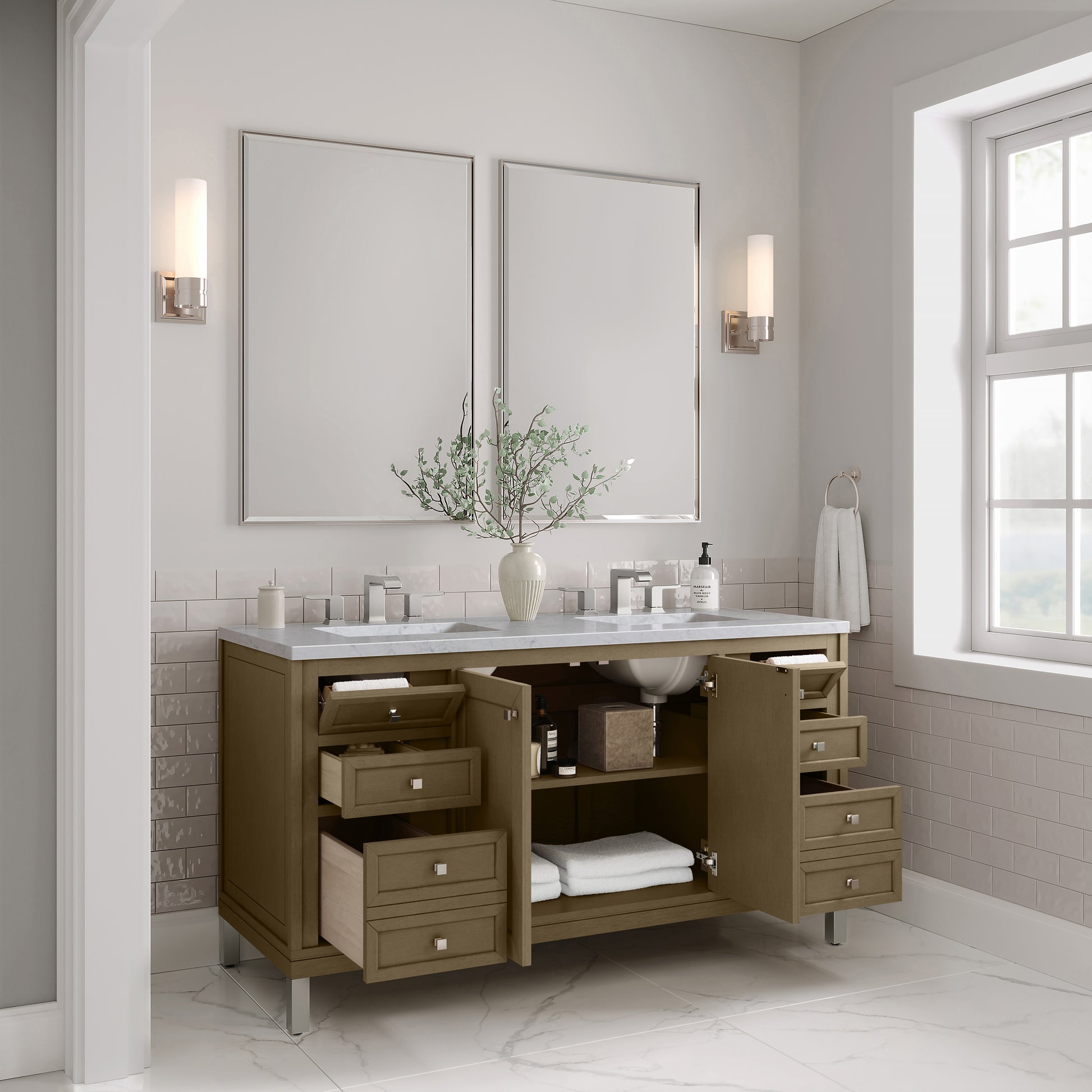 Renovate for Less Atlanta Chicago 60" Double Vanity, Walnut Whisper, w/ 3 CM Carrara Marble Top