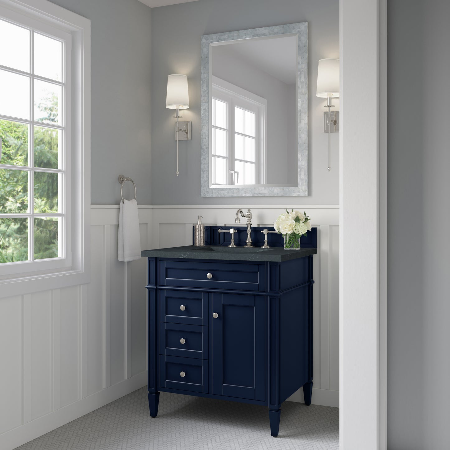 Renovate for Less Atlanta Brittany 30" Single Vanity, Victory Blue w/ 3 CM Charcoal Soapstone Silestone Top