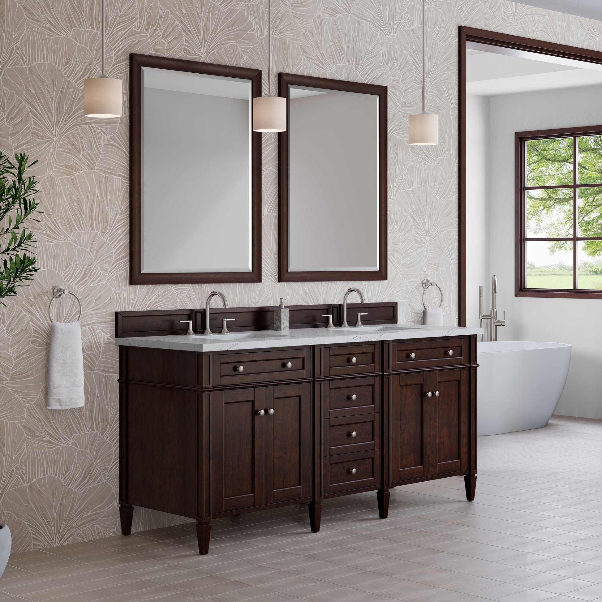 Renovate for Less Atlanta Brittany 72" Double Vanity, Burnished Mahogany w/ 3 CM Ethereal Noctis Silestone Top
