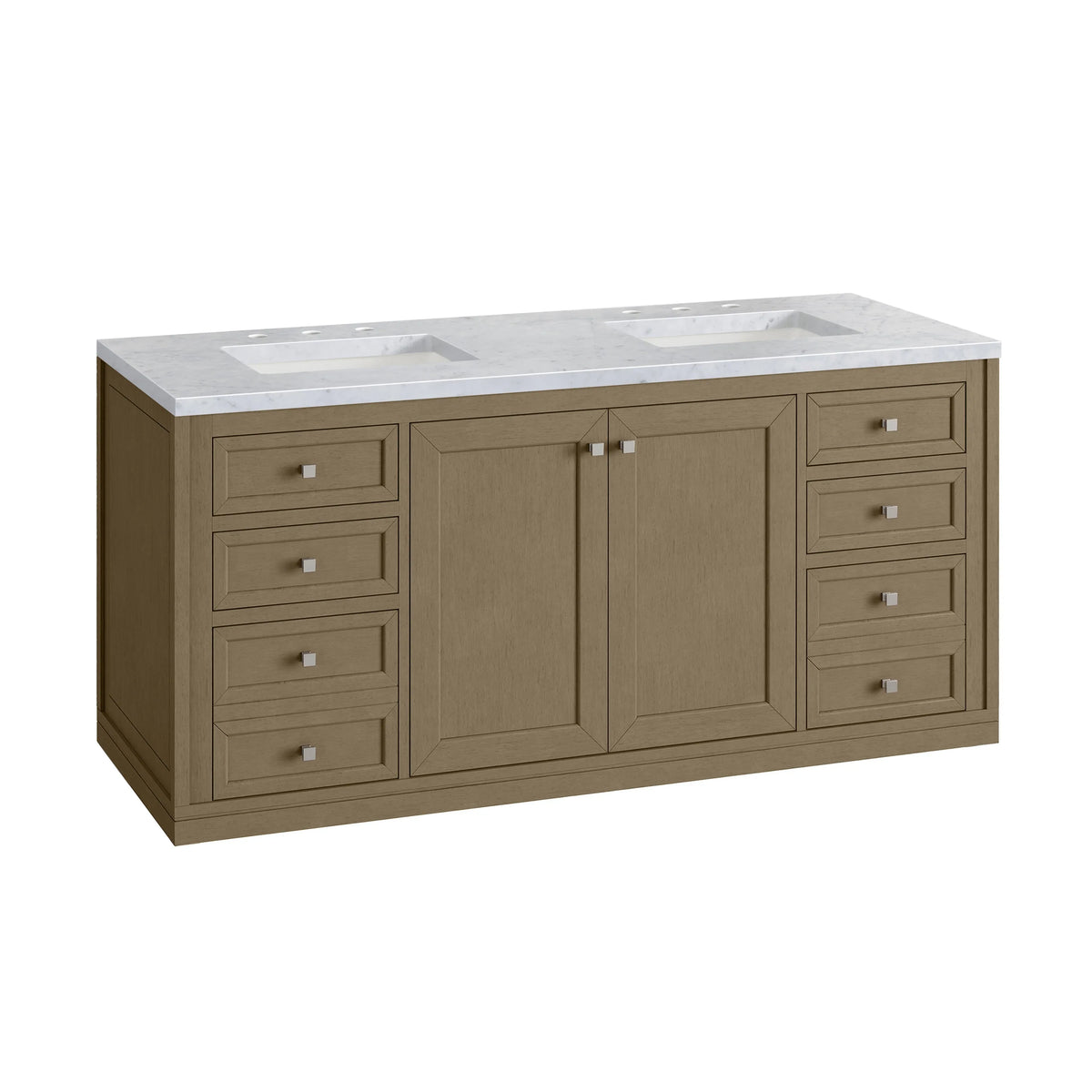 Chicago 60" Double Vanity, Walnut Whisper, w/ 3 CM Carrara Marble Top