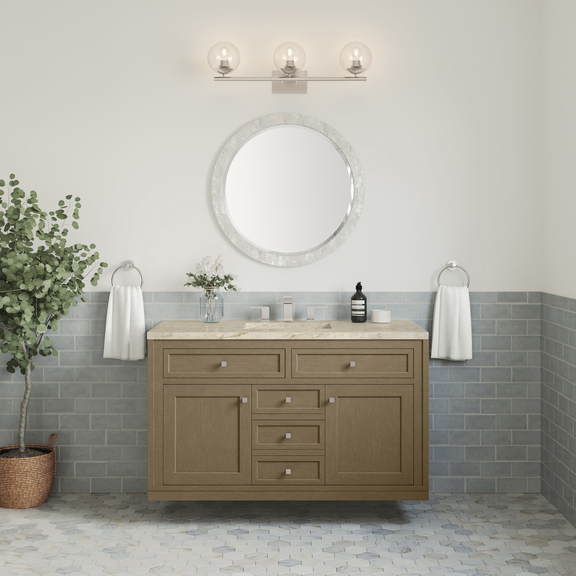 Renovate for Less Atlanta Chicago 48" Single Vanity, Walnut Whisper, w/ 3 CM Tajnar Eclos Top w/FreePower Wireless Charger