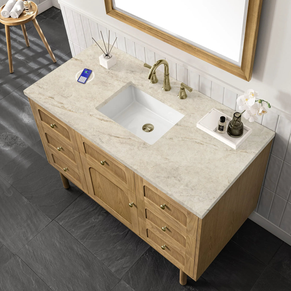 Laurent 48" Single Vanity, Light Natural Oak, w/ 3 CM Tajnar Eclos Top w/FreePower Wireless Charger