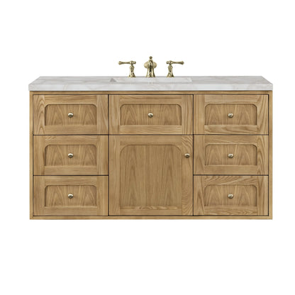 Laurent 48" Single Vanity, Light Natural Oak w/ 3 CM Victorian Silver Top w/FreePower Wireless Charger