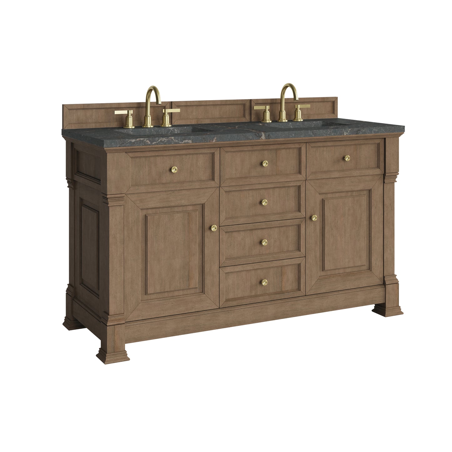 Renovate for Less Atlanta Brookfield 60" Double Vanity, Pecan w/ 3 CM Parisien Bleu Silestone Top w/FreePower Wireless Charger