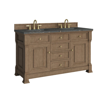 Renovate for Less Atlanta Brookfield 60" Double Vanity, Pecan w/ 3 CM Parisien Bleu Silestone Top w/FreePower Wireless Charger