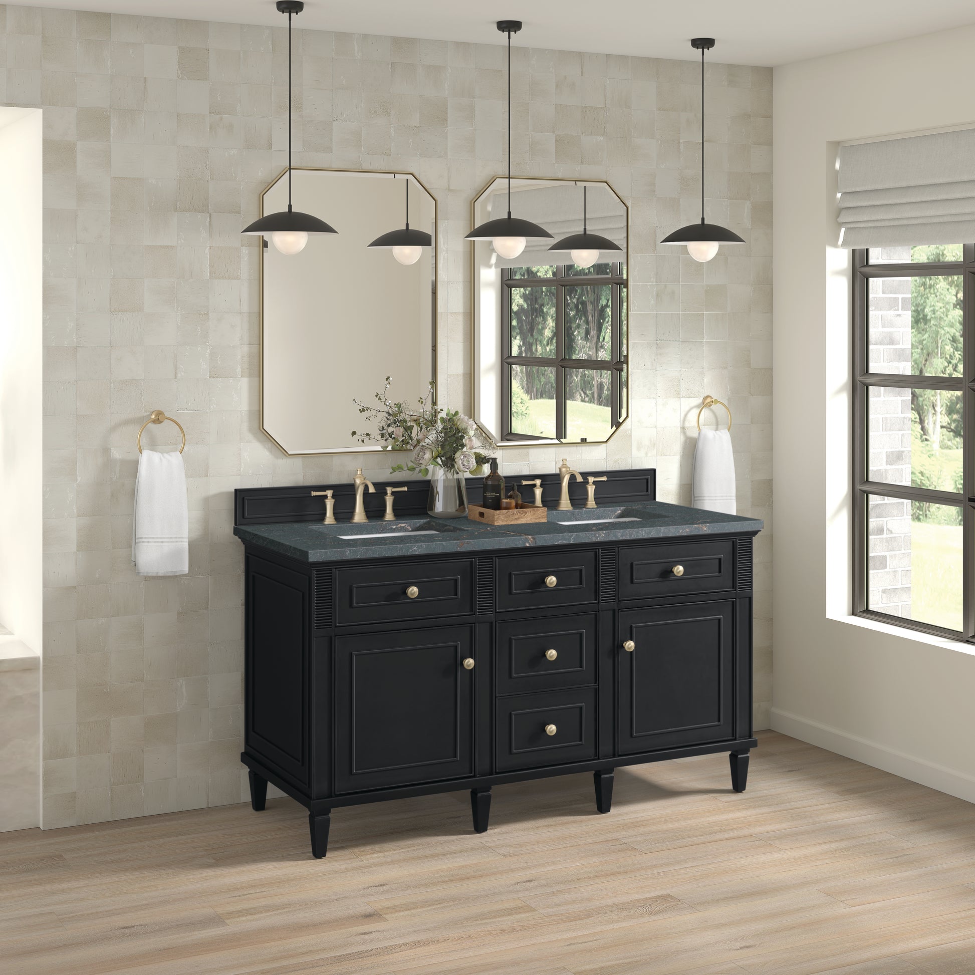 Renovate for Less Atlanta Lorelai 60" Double Vanity, Black Onyx w/ 3 CM Parisien Bleu Silestone Top