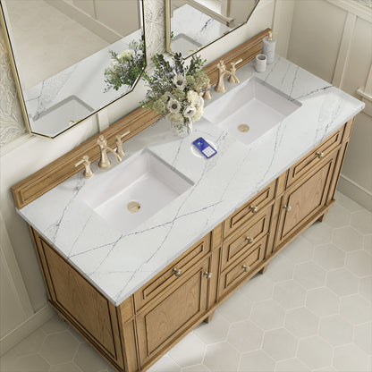 Renovate for Less Atlanta Lorelai 60" Double Vanity, Light Natural Oak w/ 3 CM Ethereal Noctis Silestone Top w/FreePower Wireless Charger
