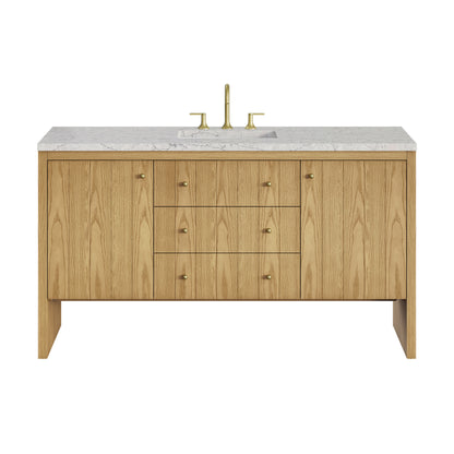 Renovate for Less Atlanta Hudson 60" Single Vanity, Light Natural Oak w/ 3 CM Eternal Jasmine Pearl Top