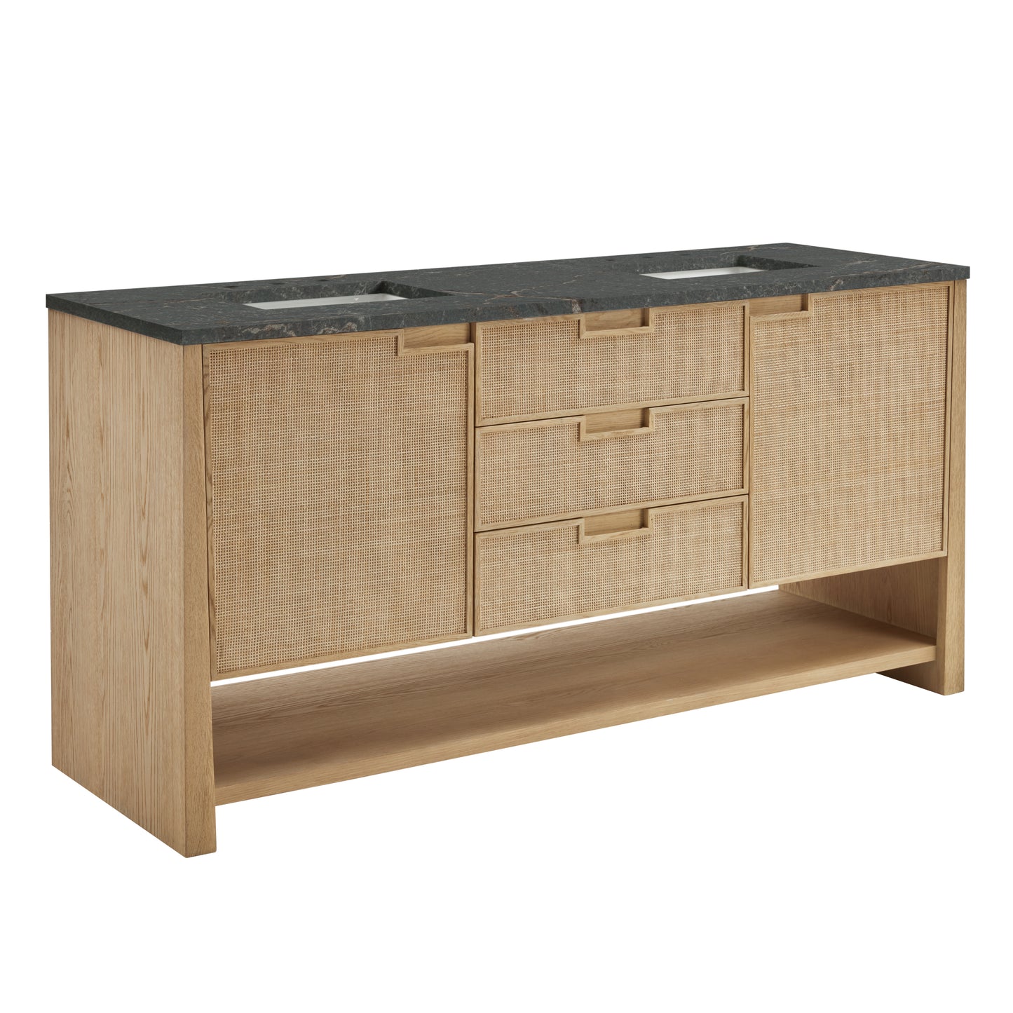 Renovate for Less Atlanta Solene 72" Double Vanity, Seaside Oak, w/ 3 CM Parisien Bleu Quartz Top