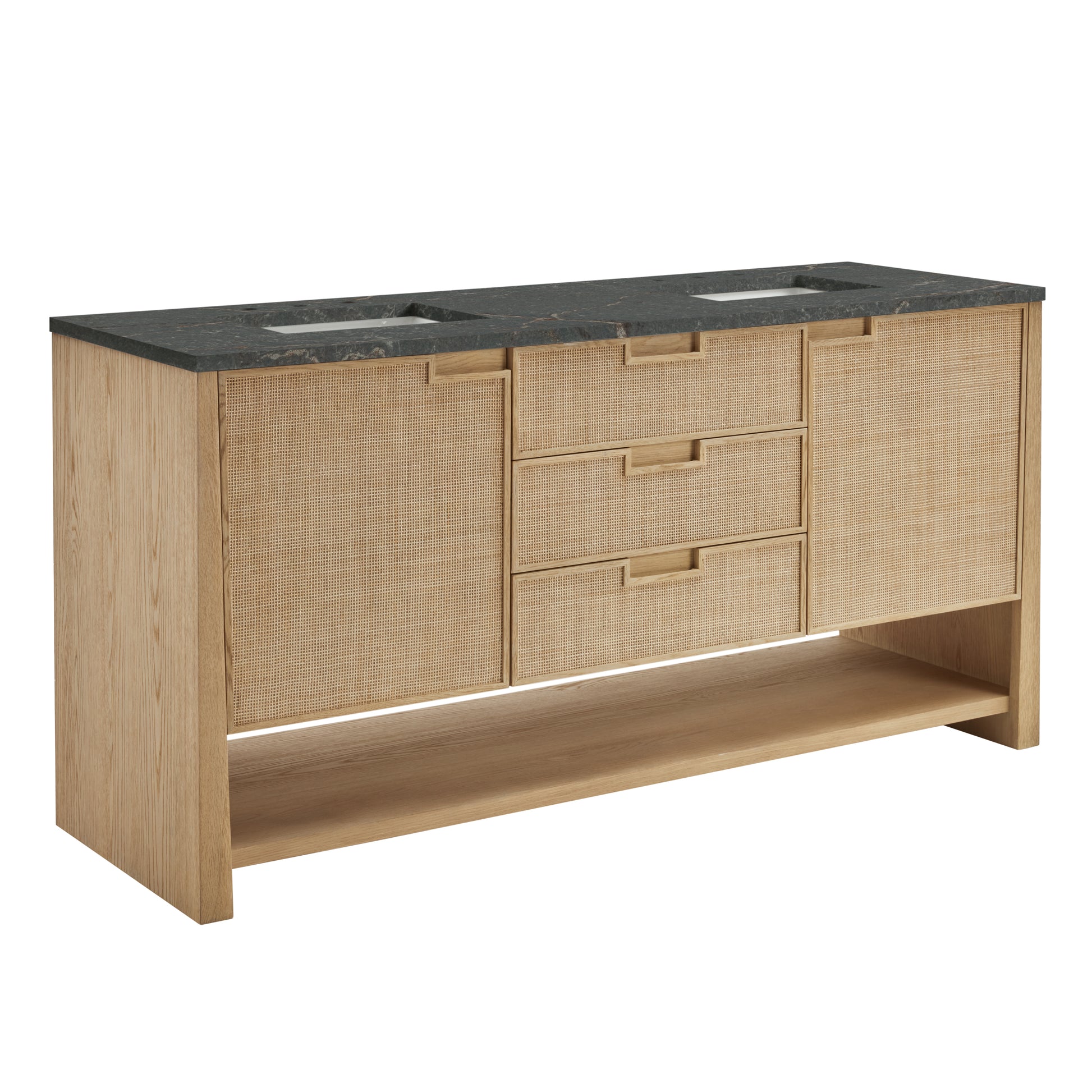 Renovate for Less Atlanta Solene 72" Double Vanity, Seaside Oak, w/ 3 CM Parisien Bleu Quartz Top