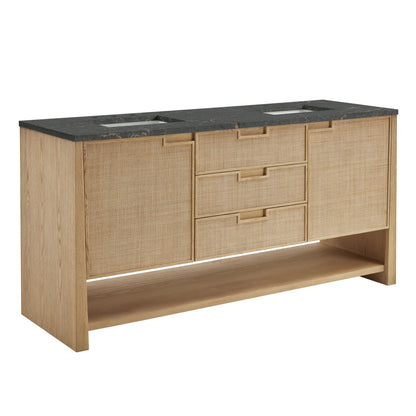 Renovate for Less Atlanta Solene 72" Double Vanity, Seaside Oak, w/ 3 CM Parisien Bleu Quartz Top