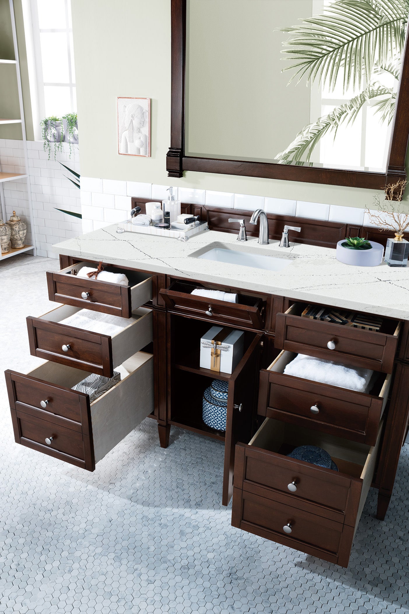 Renovate for Less Atlanta Brittany 60" Single Vanity, Burnished Mahogany w/ 3 CM Ethereal Noctis Silestone Top w/FreePower Wireless Charger