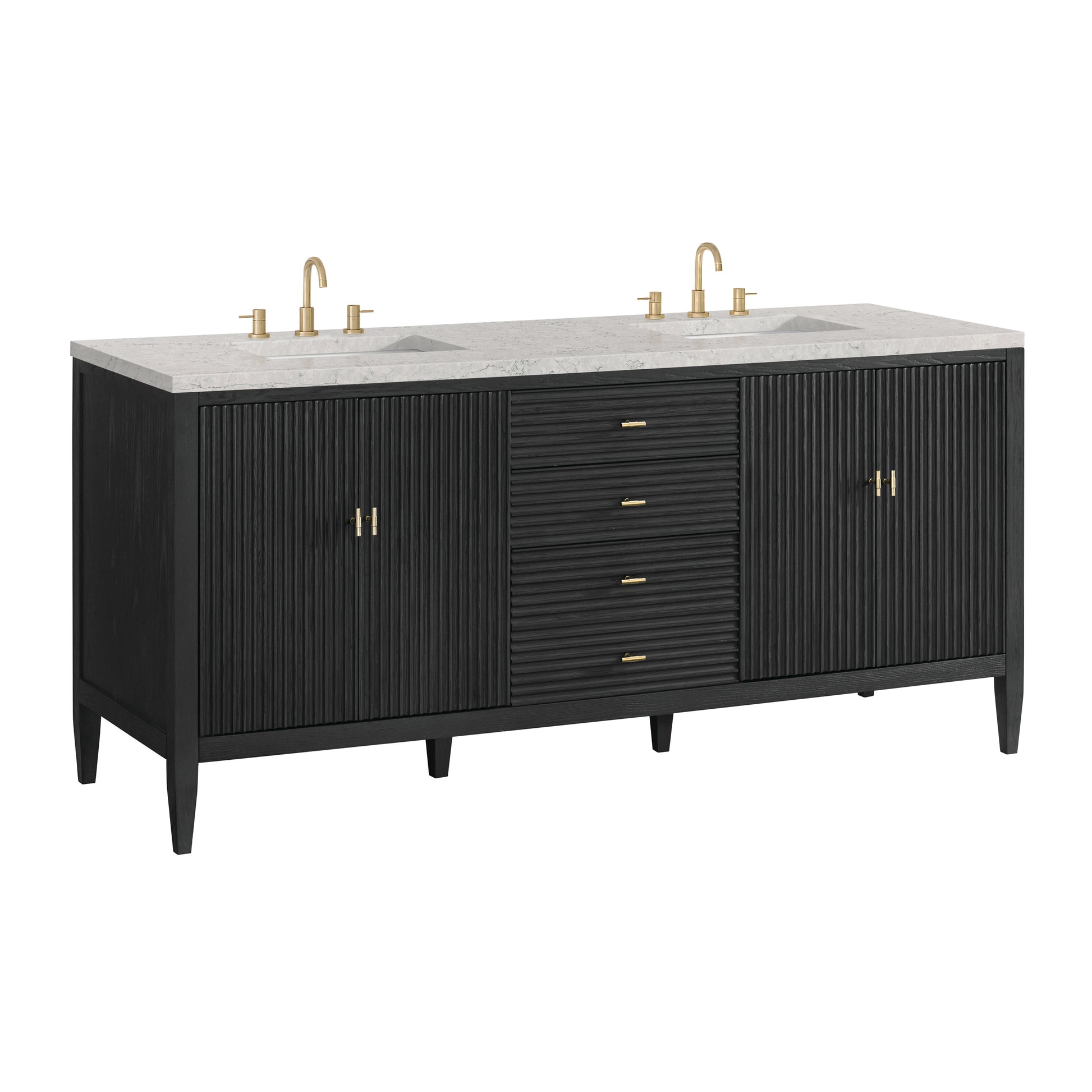 Renovate for Less Atlanta Myrrin 72" Double Vanity, Carbon Oak w/ 3 CM Eternal Jasmine Pearl Silestone Top w/FreePower Wireless Charger