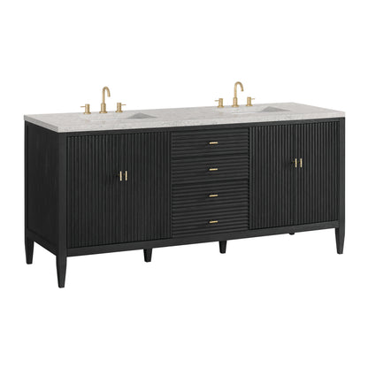 Renovate for Less Atlanta Myrrin 72" Double Vanity, Carbon Oak w/ 3 CM Eternal Jasmine Pearl Silestone Top w/FreePower Wireless Charger