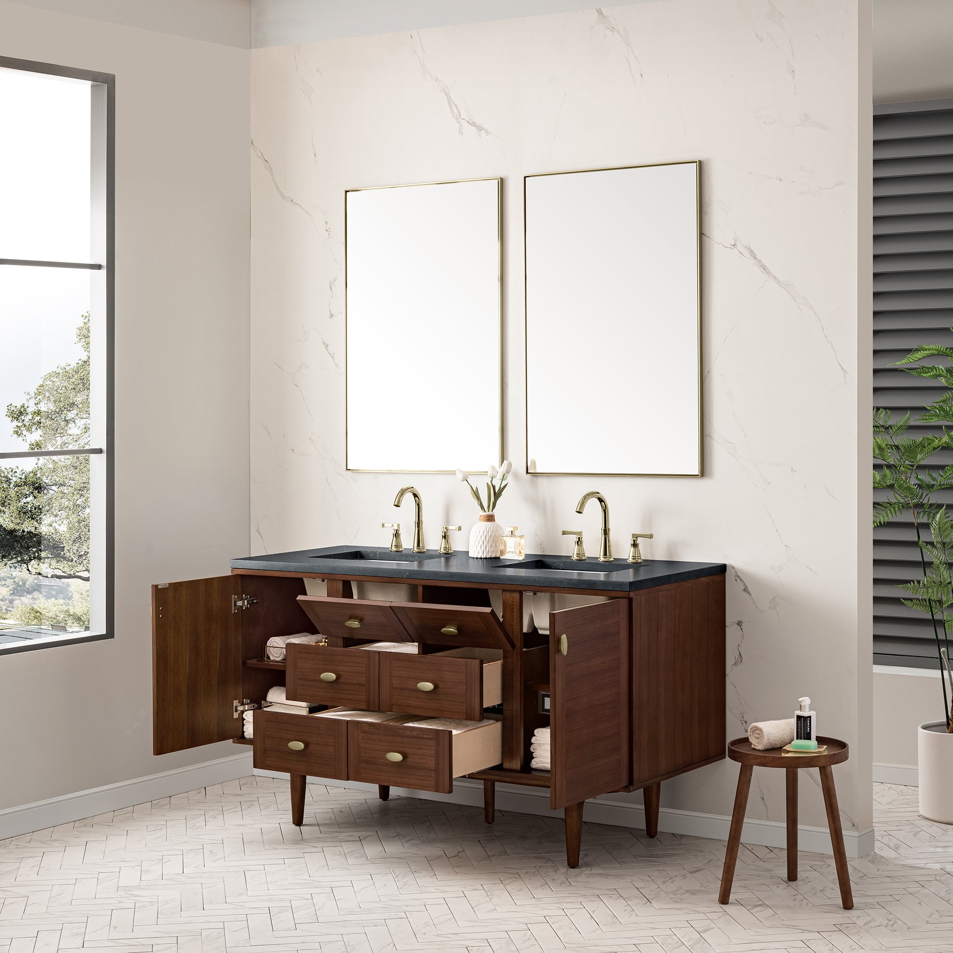 Renovate for Less Atlanta Amberly 60" Double Vanity, Mid-Century Walnut w/ 3 CM Charcoal Soapstone Top