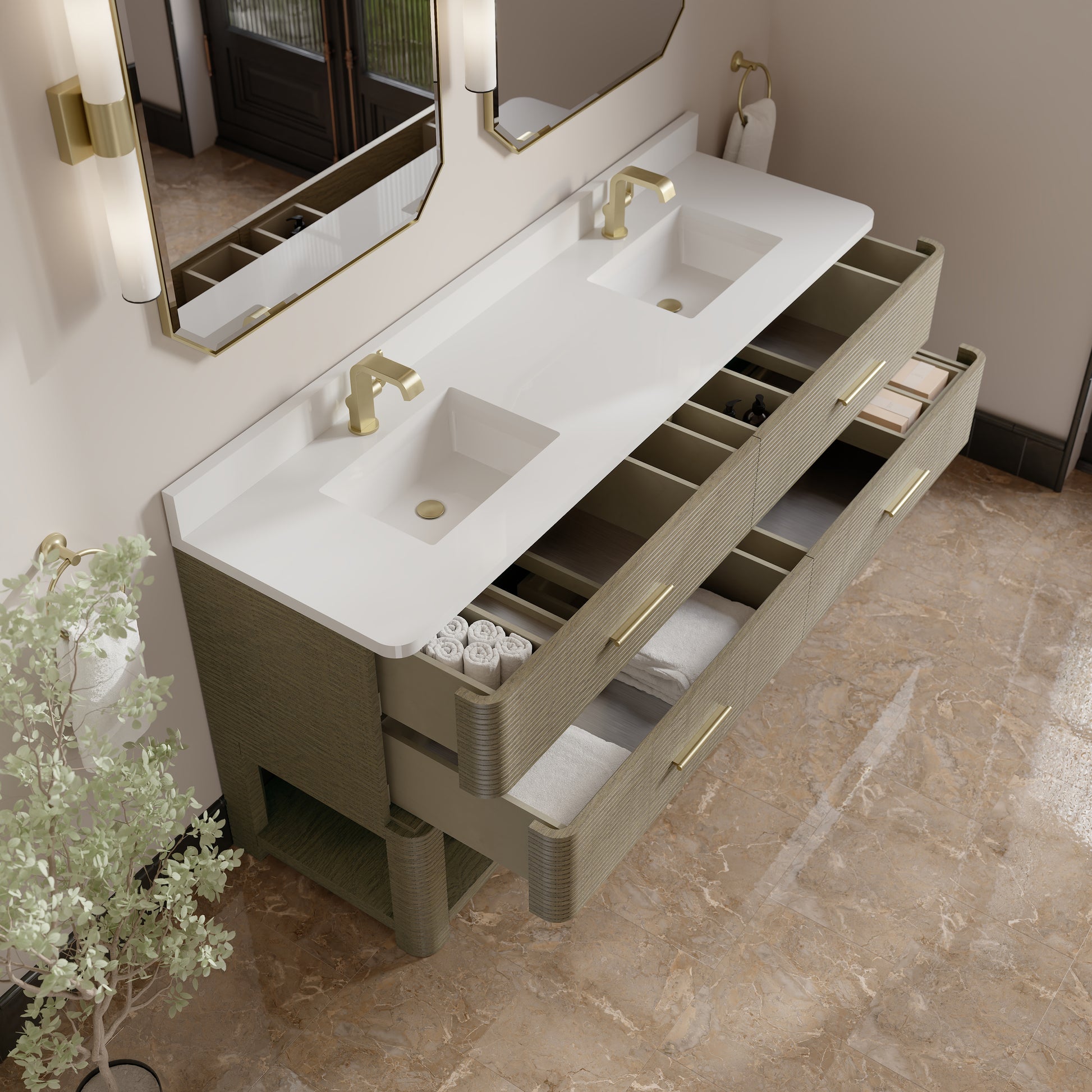 Renovate for Less Atlanta Lucian 72" Double Vanity, Pebble Oak w/ 3 CM White Zeus Silestone Top