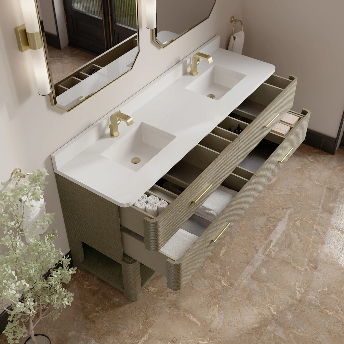 Lucian 72" Double Vanity, Pebble Oak w/ 3 CM White Zeus Silestone Top