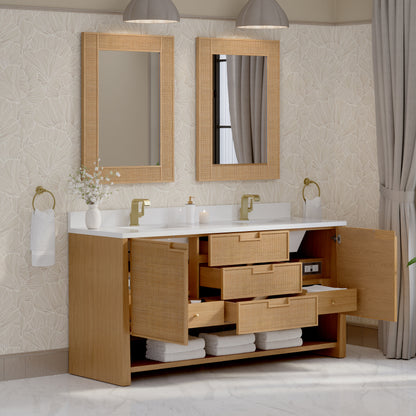 Renovate for Less Atlanta Solene 72" Double Vanity, Seaside Oak, w/ Single Hole 3 CM White Zeus Quartz Top & Backsplash