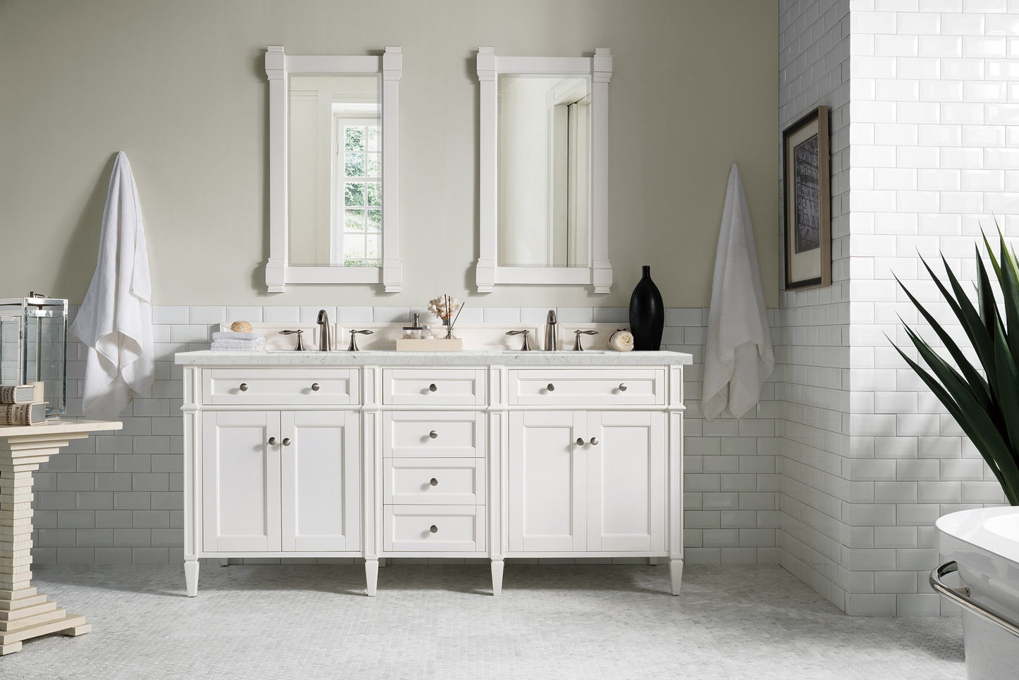 Renovate for Less Atlanta Brittany 72" Double Vanity, Bright White Vanity w/ 3 CM Eternal Jasmine Pearl Silestone Top w/FreePower Wireless Charger