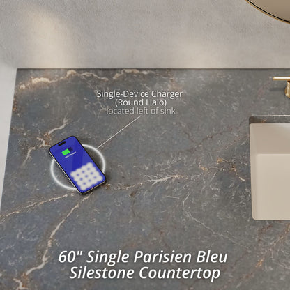 Renovate for Less Atlanta Breckenridge 60" Single Vanity Cabinet, Bright White w/ 3 CM Parisien Bleu Top w/ FreePower Wireless Charger