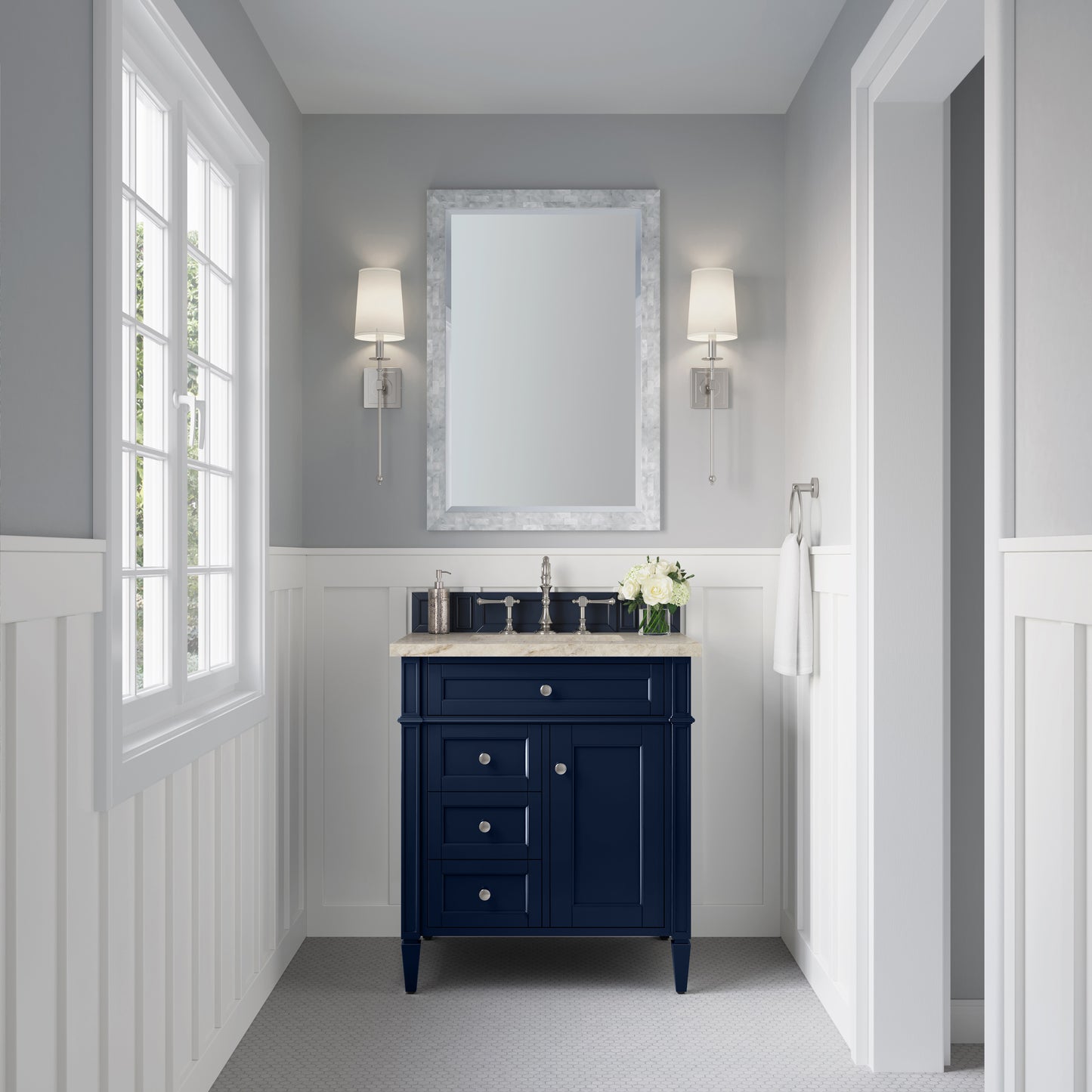 Renovate for Less Atlanta Brittany 30" Single Vanity, Victory Blue, w/ 3 CM Tajnar Eclos Top
