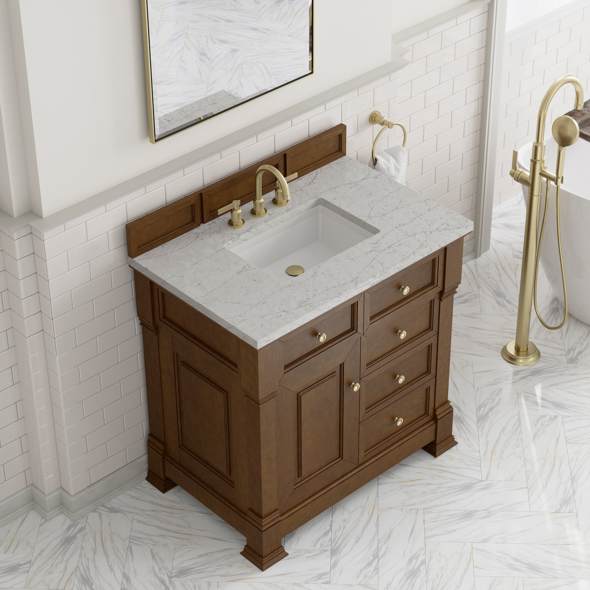 Renovate for Less Atlanta Brookfield 36" Single Vanity, Honey Oak w/ 3 CM Eternal Jasmine Pearl Silestone Top