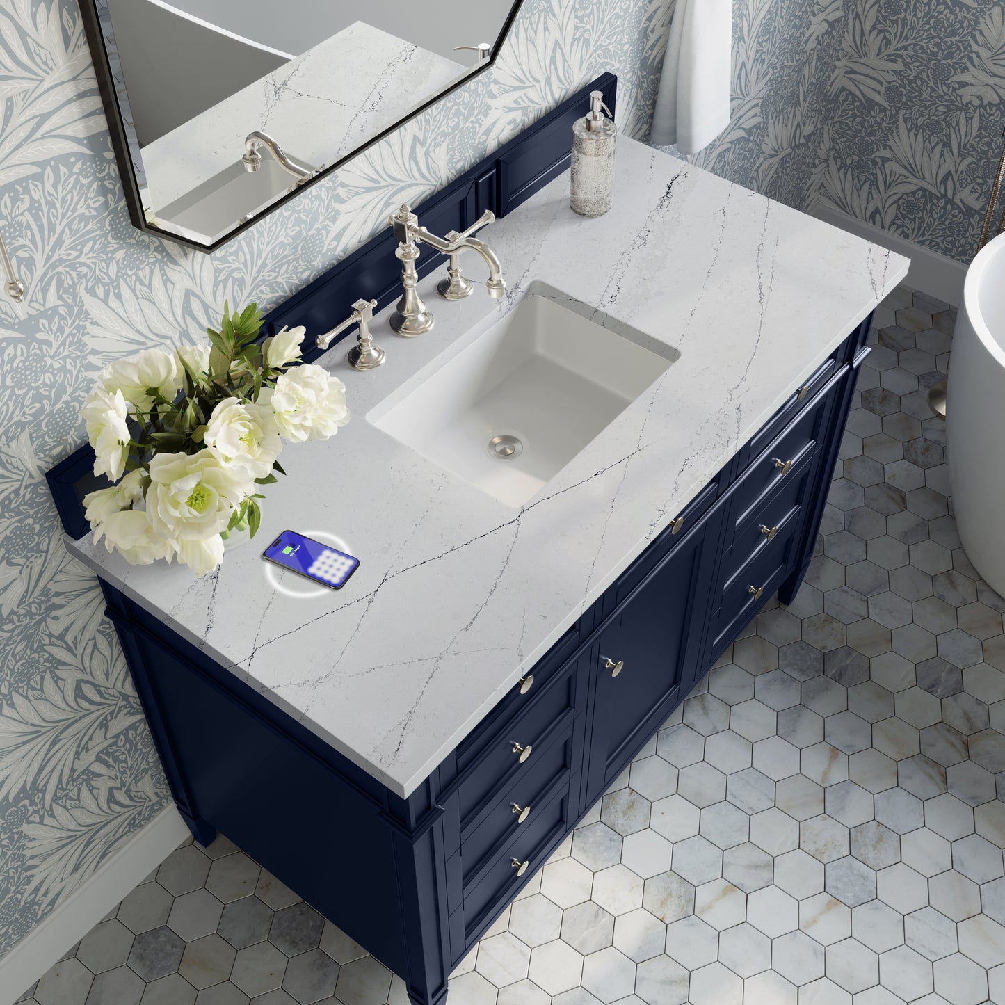 Renovate for Less Atlanta Brittany 48" Single Vanity, Victory Blue w/ 3 CM Ethereal Noctis Silestone Top w/FreePower Wireless Charger