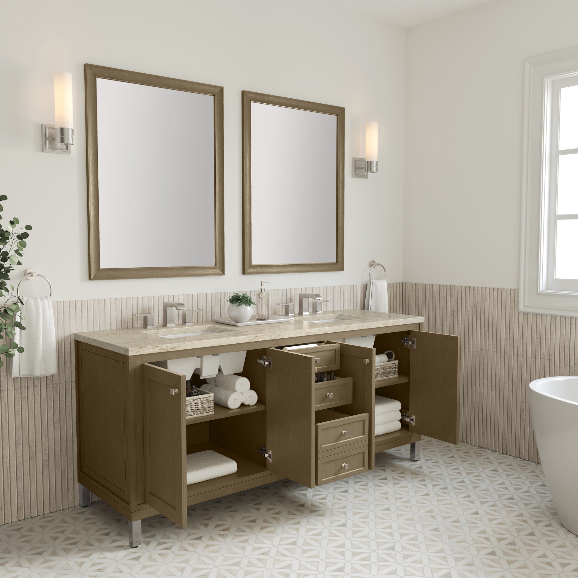 Renovate for Less Atlanta Chicago 72" Double Vanity, Walnut Whisper, w/ 3 CM Tajnar Eclos Top
