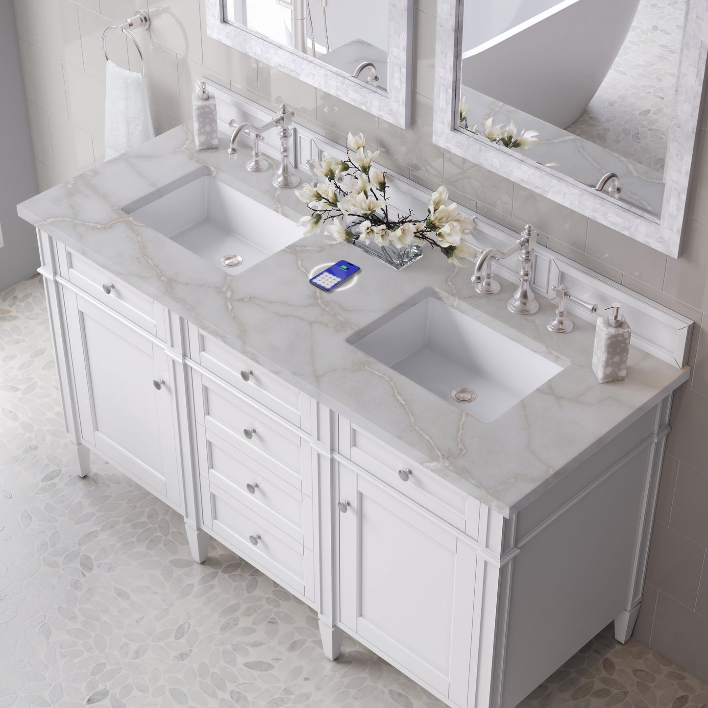 Renovate for Less Atlanta Brittany 60" Double Vanity, Bright White Vanity w/ 3 CM Victorian Silver Silestone Top w/FreePower Wireless Charger