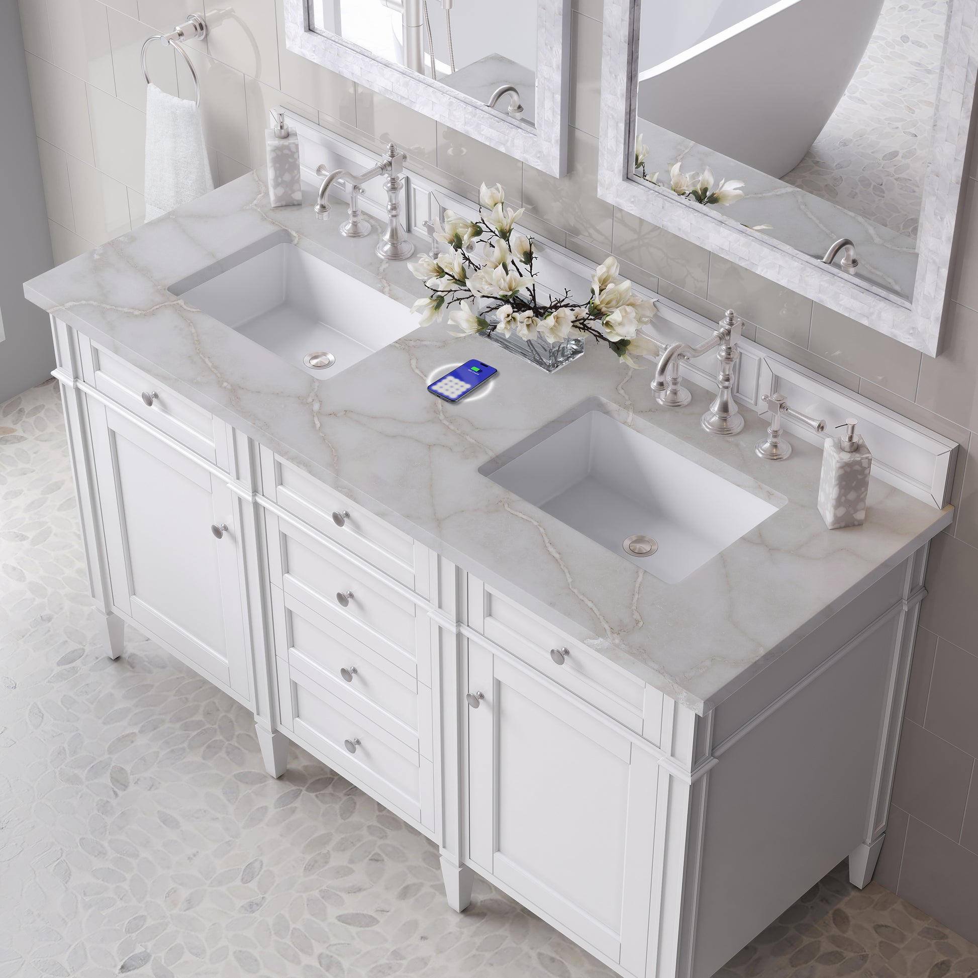 Renovate for Less Atlanta Brittany 60" Double Vanity, Bright White Vanity w/ 3 CM Victorian Silver Silestone Top w/FreePower Wireless Charger