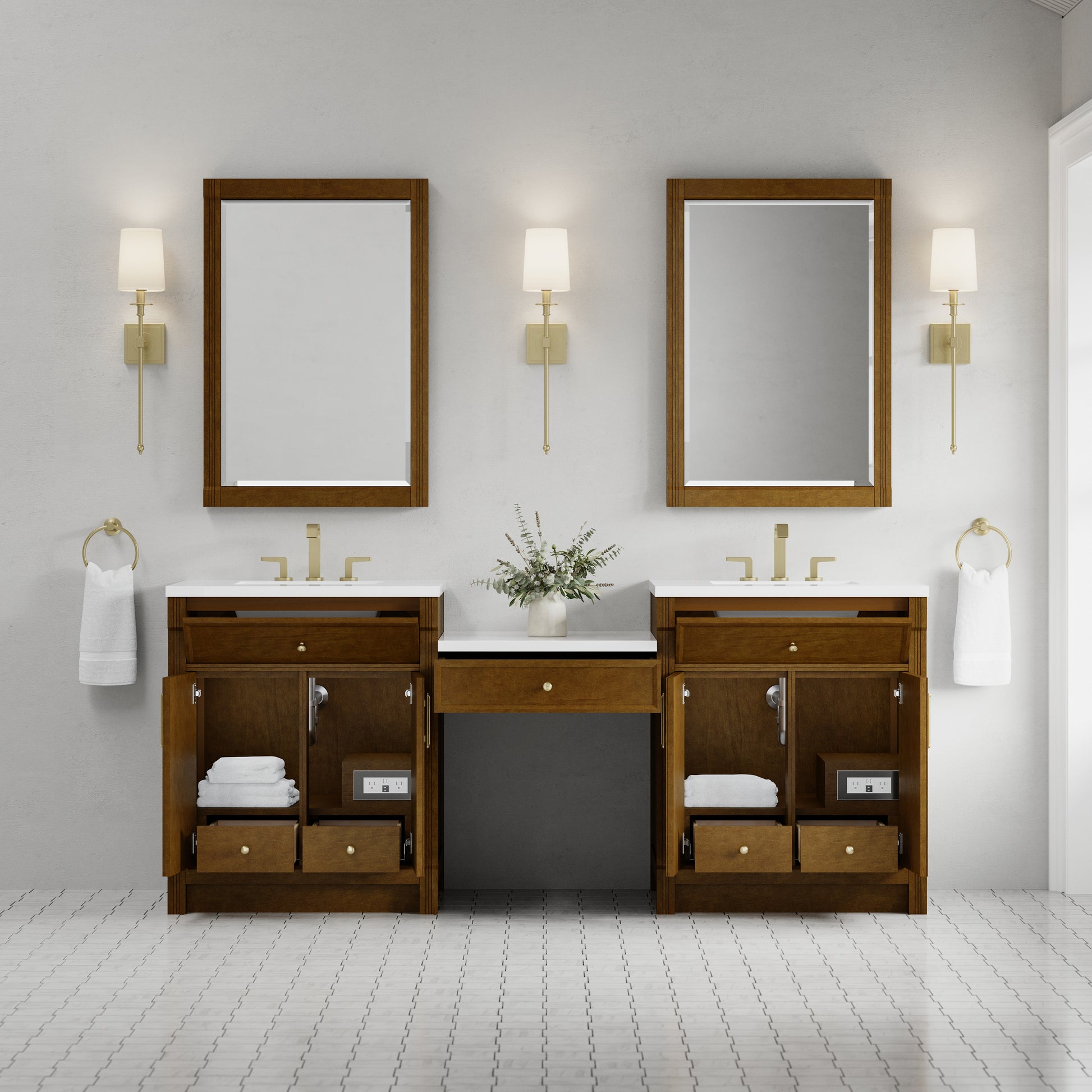 Renovate for Less Atlanta Bellshire 84" Dual Vanity Set with 24" Make-Up Counter, Honey Oak w/3 cm White Zeus Silestone Top