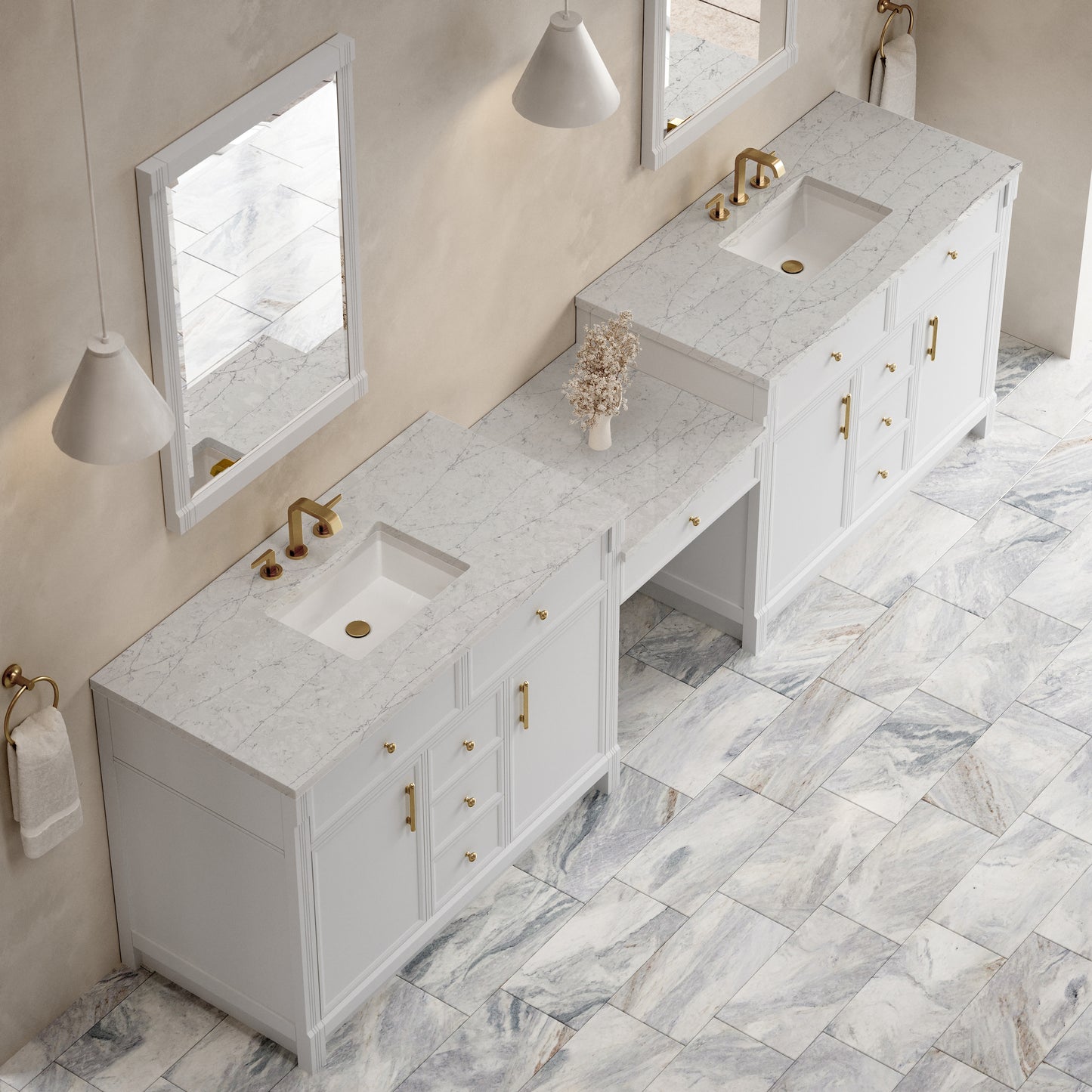 Renovate for Less Atlanta Bellshire 120" Dual Vanity Set with 24" Make-Up Counter, Bright White w/3 cm Eternal Jasmine Pearl Silestone Top