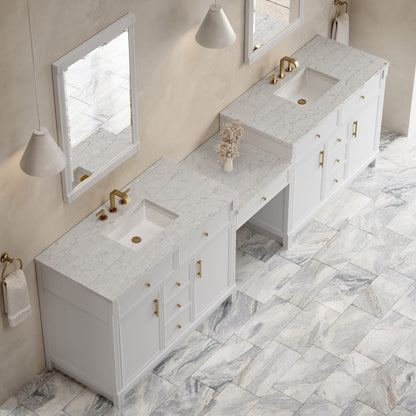 Renovate for Less Atlanta Bellshire 120" Dual Vanity Set with 24" Make-Up Counter, Bright White w/3 cm Eternal Jasmine Pearl Silestone Top