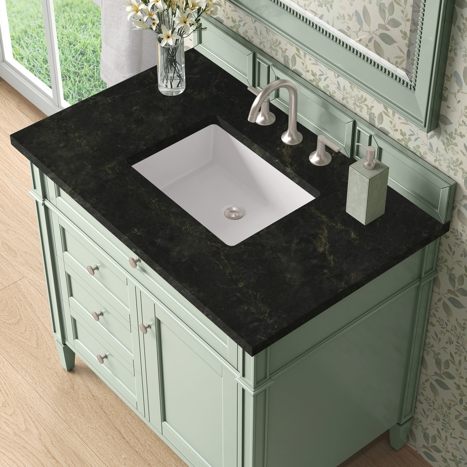 Renovate for Less Atlanta Brittany 36" Single Vanity, Sage Green, w/ 3 CM Phantome Eclos Top