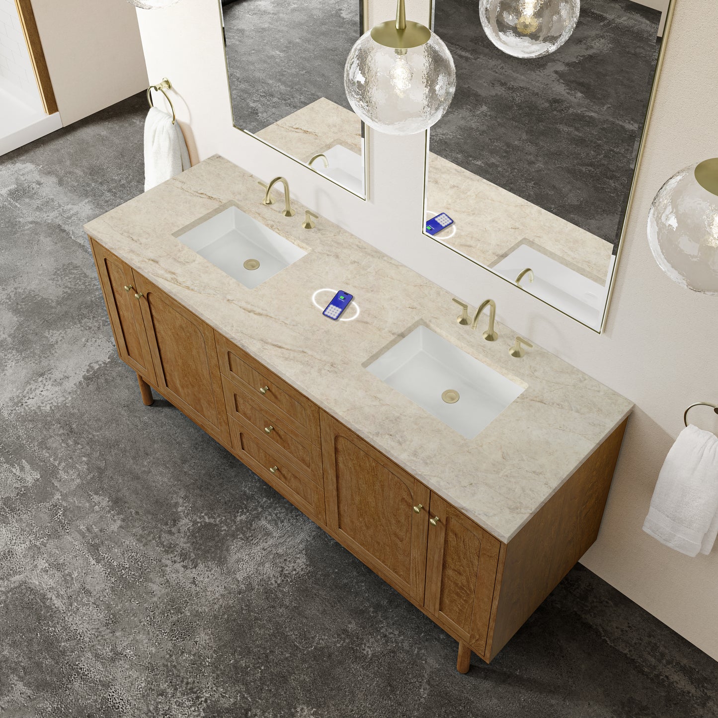 Renovate for Less Atlanta Laurent 72" Double Vanity, Honey Oak w/ 3 CM Tajnar Eclos Top w/FreePower Wireless Charger