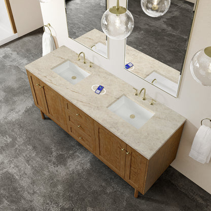 Renovate for Less Atlanta Laurent 72" Double Vanity, Honey Oak w/ 3 CM Tajnar Eclos Top w/FreePower Wireless Charger