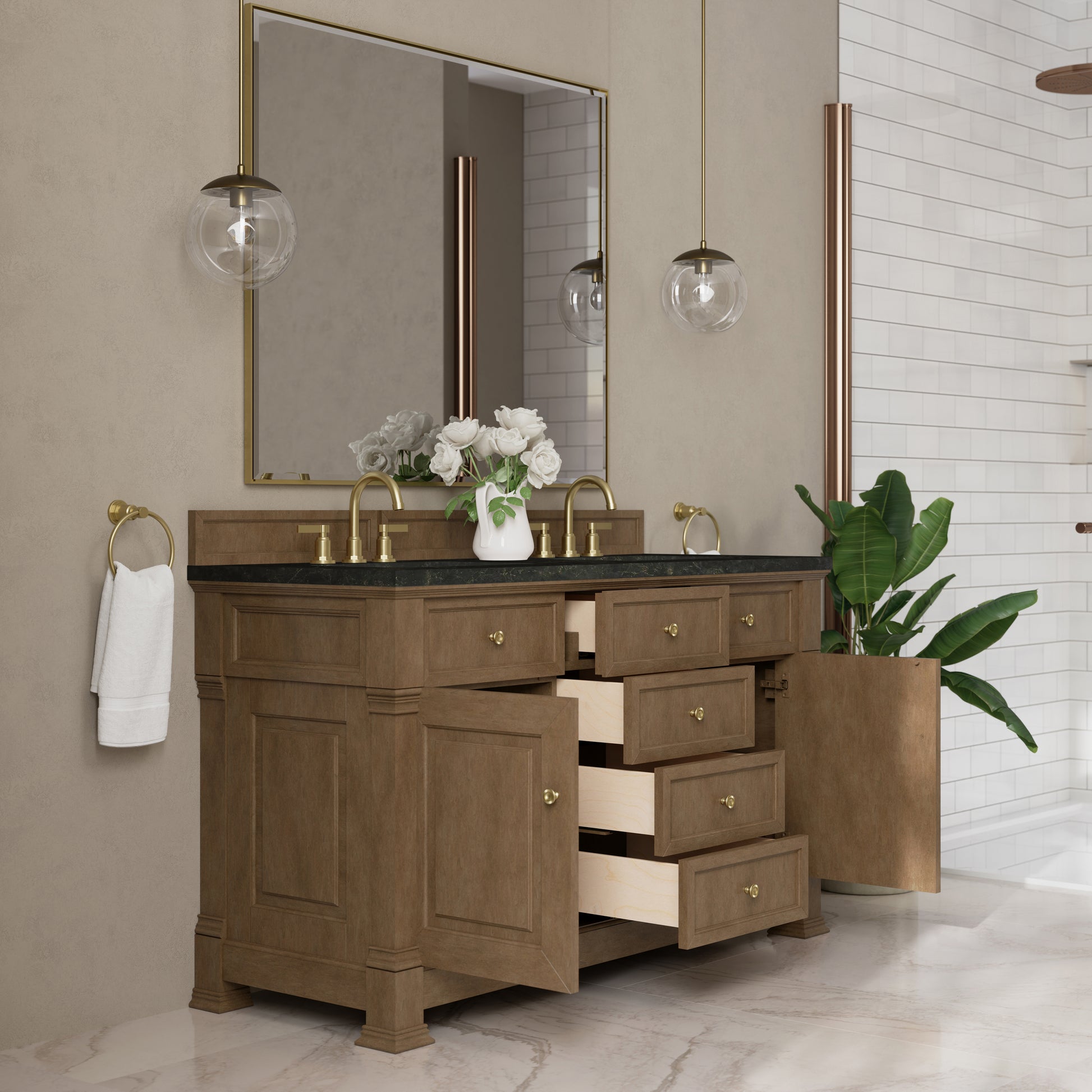 Renovate for Less Atlanta Brookfield 60" Double Vanity, Pecan, w/ 3 CM Phantome Eclos Top