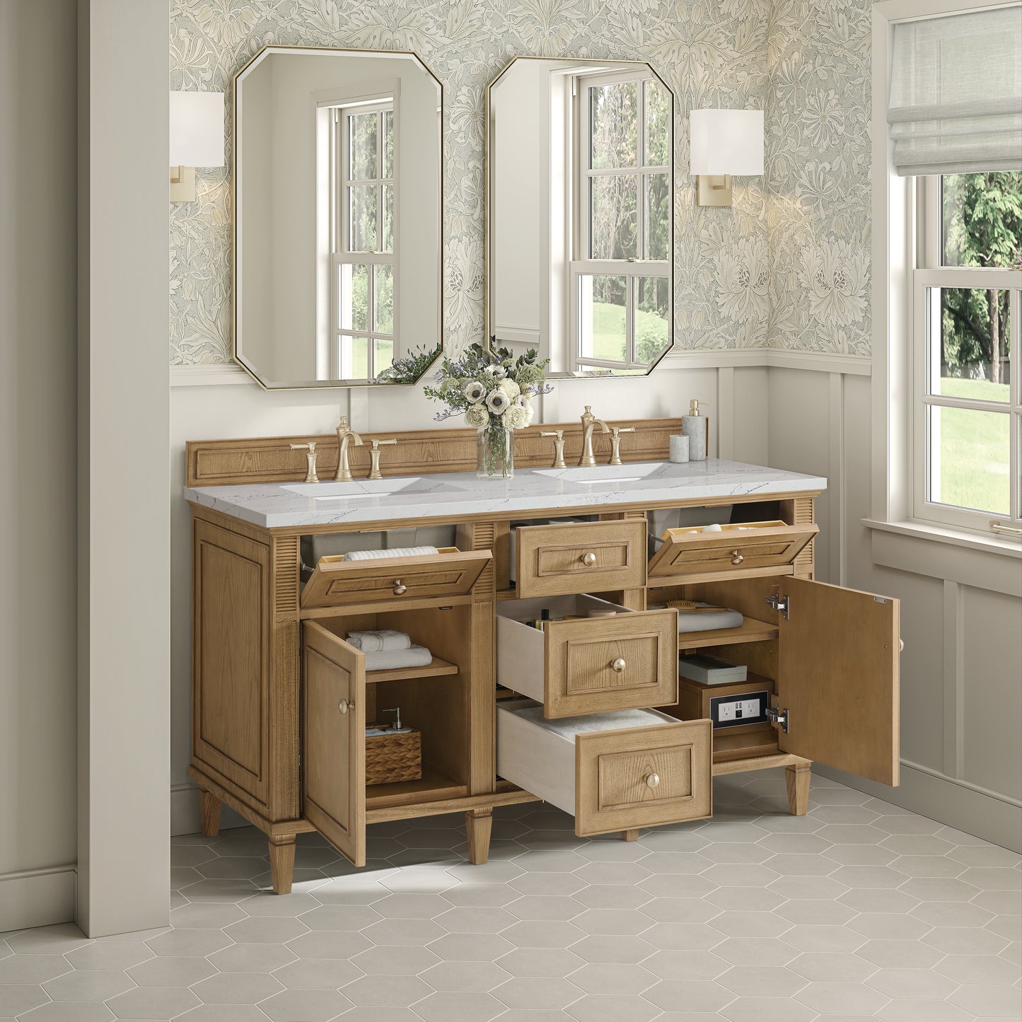Renovate for Less Atlanta Lorelai 60" Double Vanity, Light Natural Oak w/ 3 CM Ethereal Noctis Silestone Top w/FreePower Wireless Charger