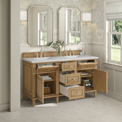 Renovate for Less Atlanta Lorelai 60" Double Vanity, Light Natural Oak w/ 3 CM Ethereal Noctis Silestone Top w/FreePower Wireless Charger