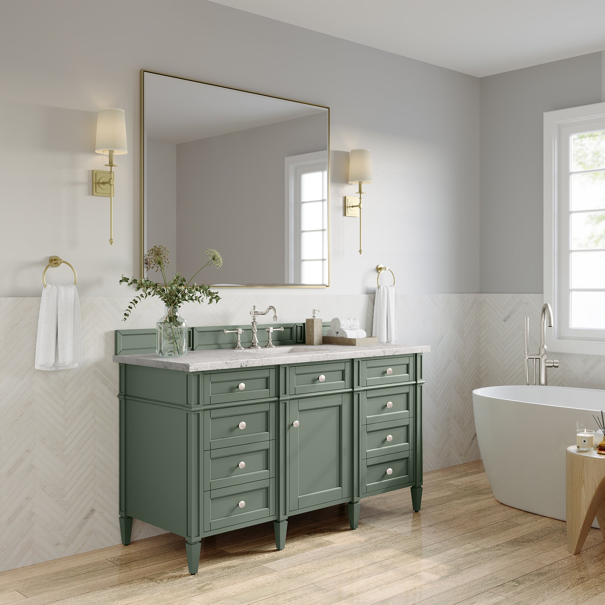 Renovate for Less Atlanta Brittany 60" Single Vanity, Smokey Celadon w/ 3 CM Eternal Jasmine Pearl Top w/FreePower Wireless Charger