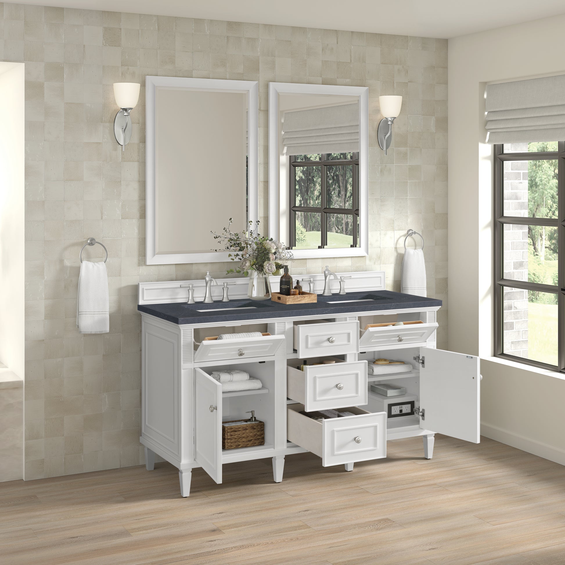 Renovate for Less Atlanta Lorelai 60" Double Vanity, Bright White w/ 3 CM Charcoal Soapstone Silestone Top
