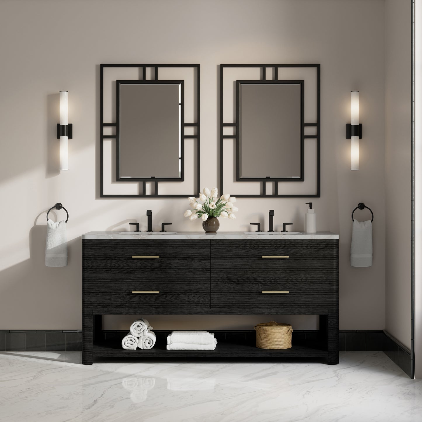 Renovate for Less Atlanta Lucian 72" Double Vanity, Carbon Oak w/ 3 CM Victorian Silver Silestone Widespread Top