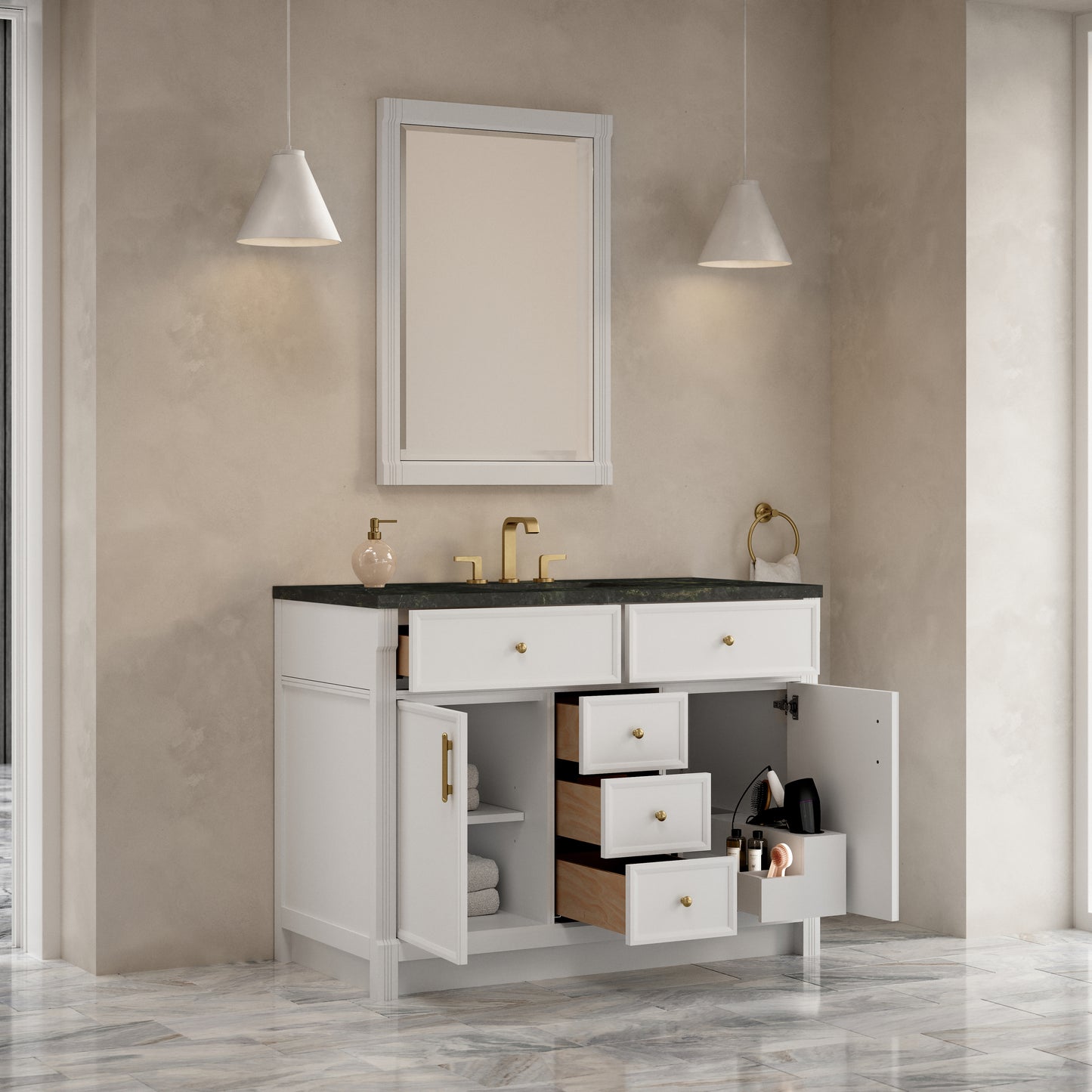 Renovate for Less Atlanta Bellshire 48" Single Vanity, Bright White w/ 3 CM Phantome Eclos Top