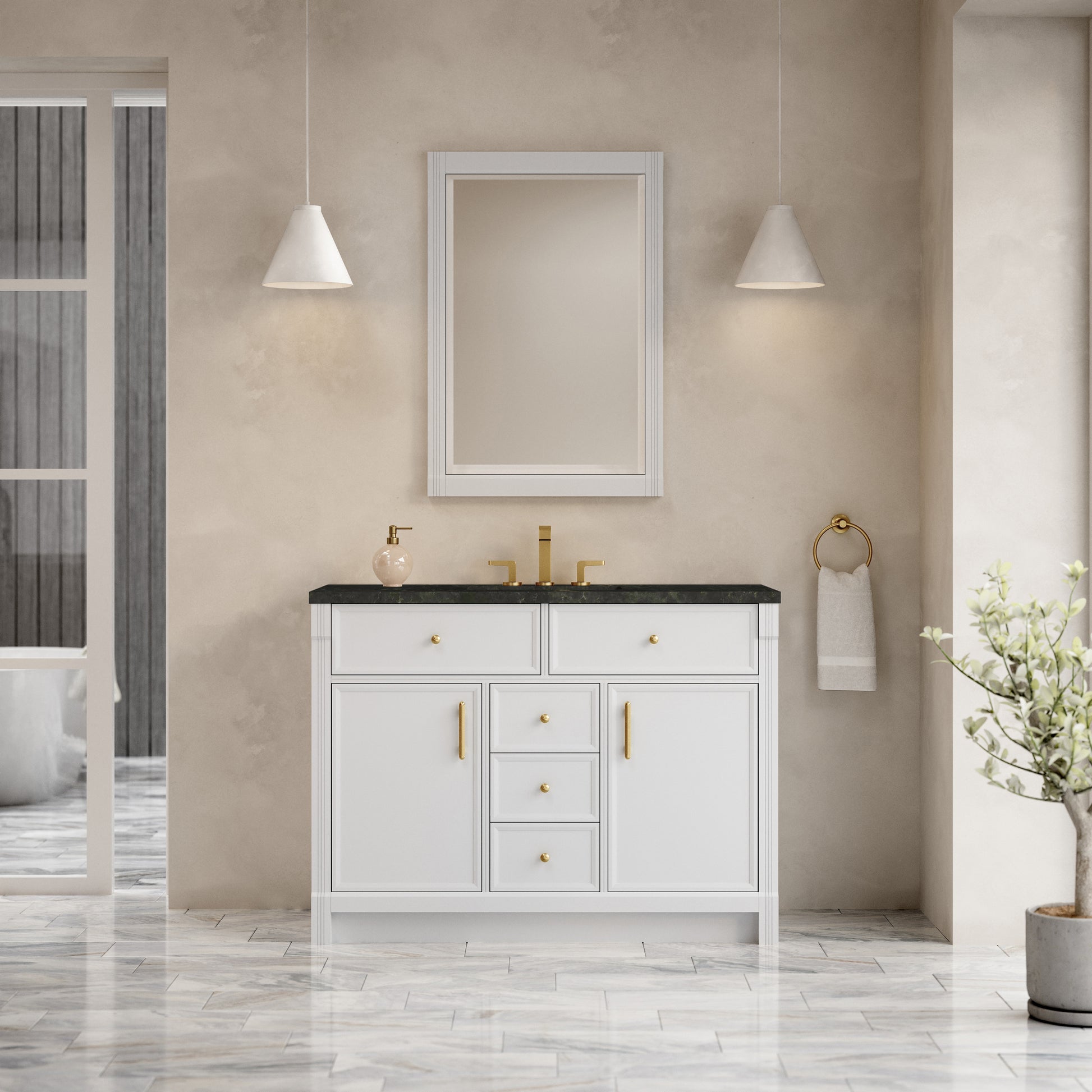 Renovate for Less Atlanta Bellshire 48" Single Vanity, Bright White w/ 3 CM Phantome Eclos Top