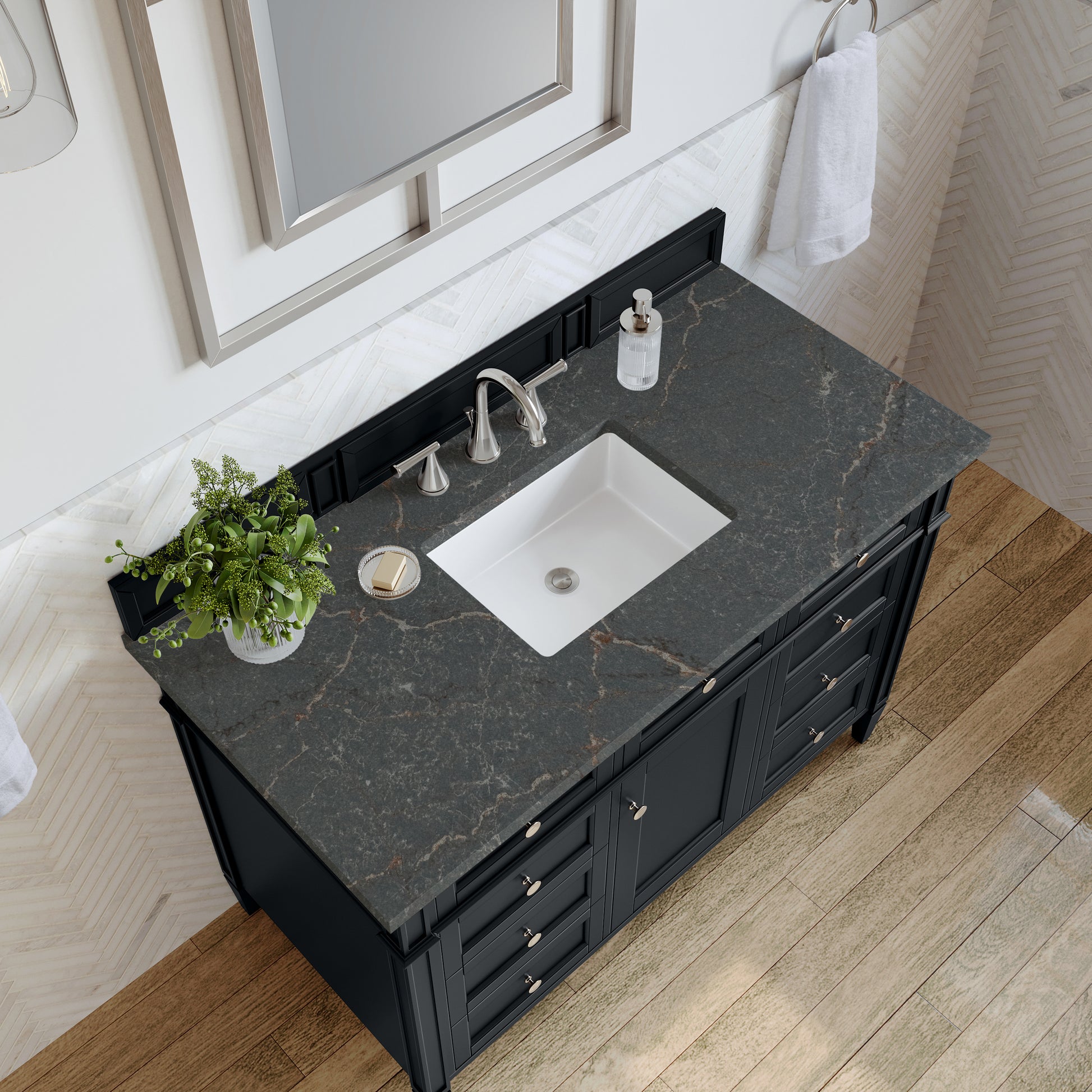 Renovate for Less Atlanta Brittany 48" Single Vanity, Black Onyx w/ 3 CM Parisien Bleu Silestone Top