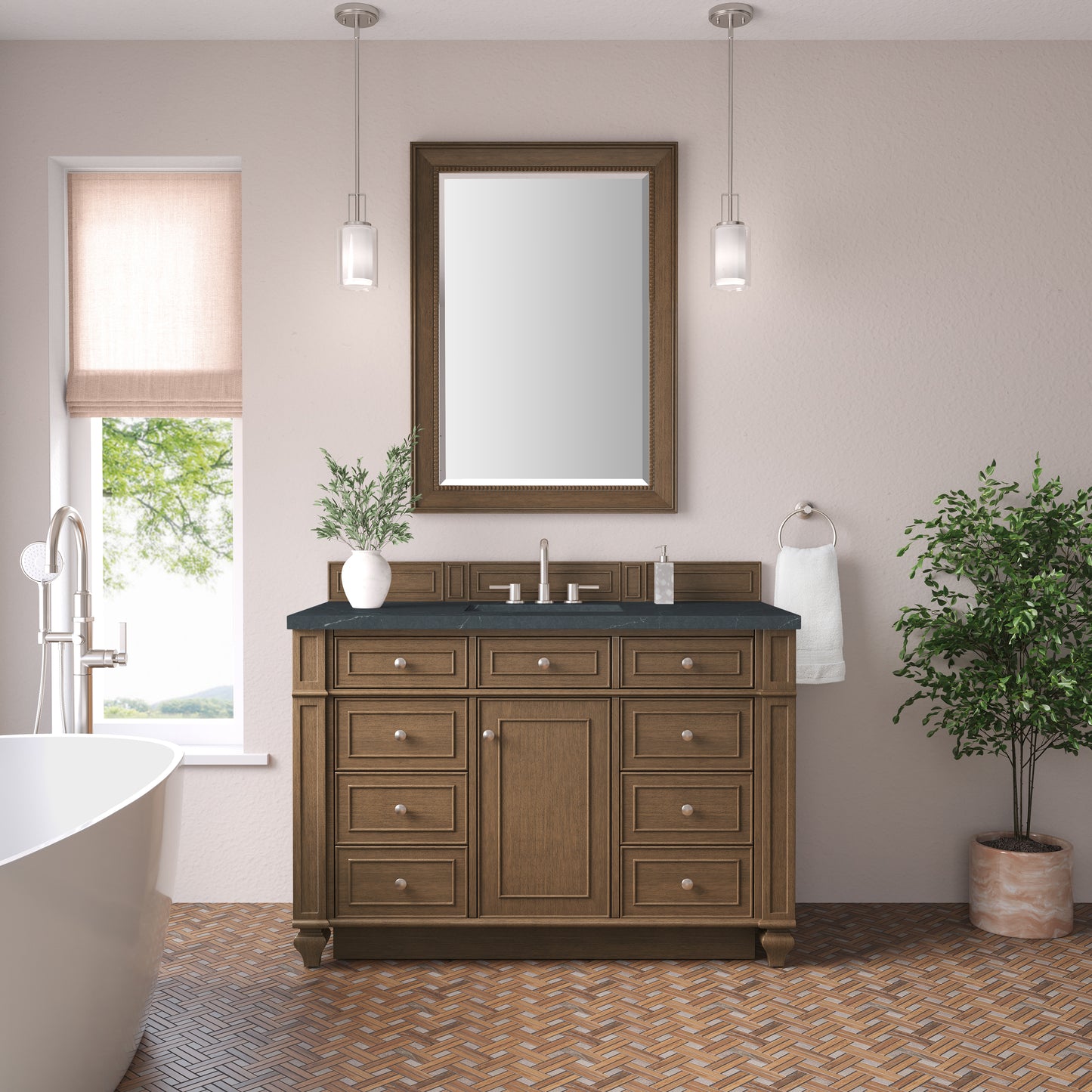 Renovate for Less Atlanta Bristol 48" Single Vanity, Saddle Brown w/ 3 CM Charcoal Soapstone Silestone Top