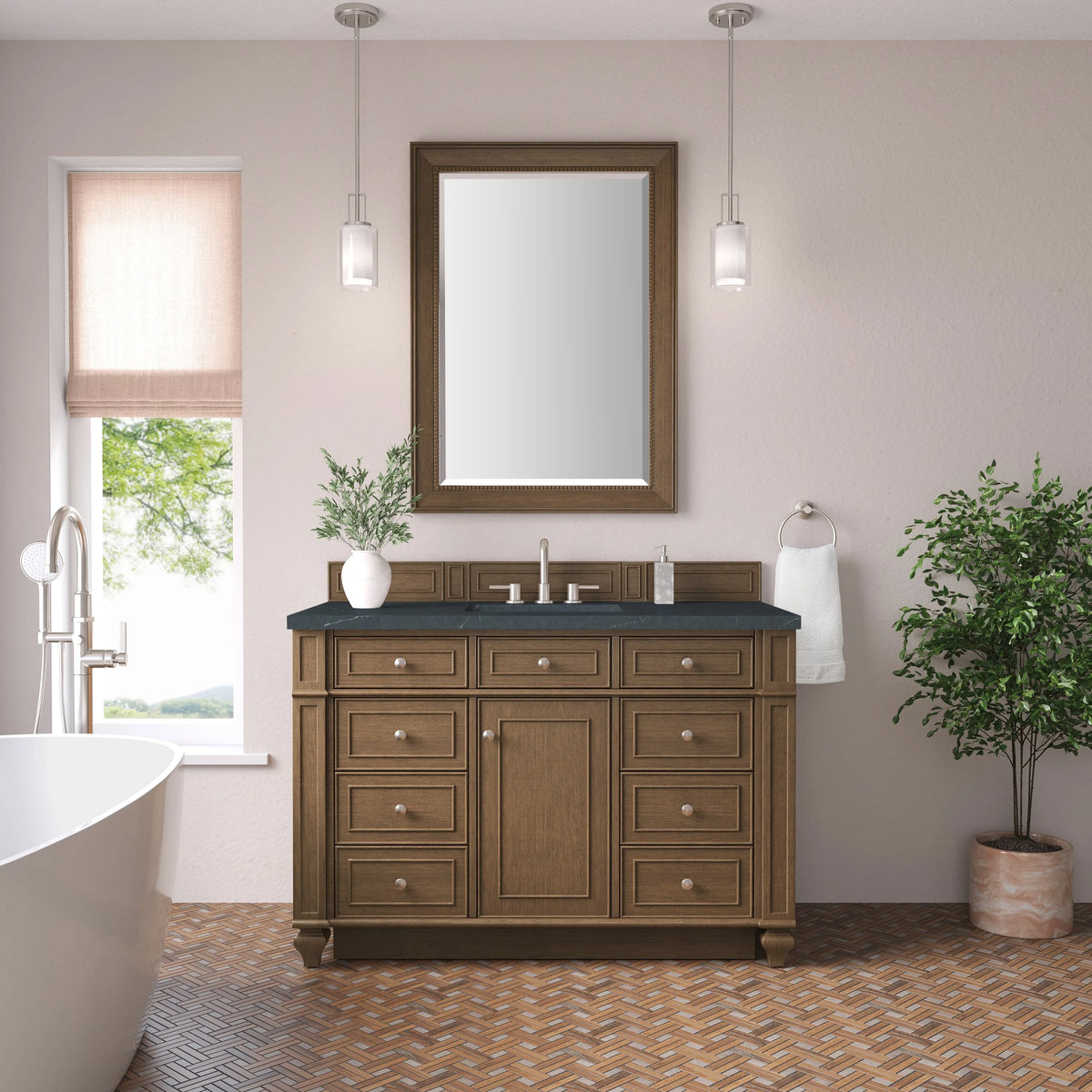 Bristol 48" Single Vanity, Saddle Brown w/ 3 CM Charcoal Soapstone Silestone Top
